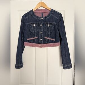 TUZZI Women's (Size 8) Cropped Denim/Jean Jacket W/ Silver Buttons & Pink Accent
